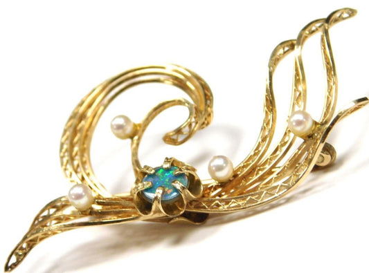 Vintage 14K Gold Opal and Pearls Brooch