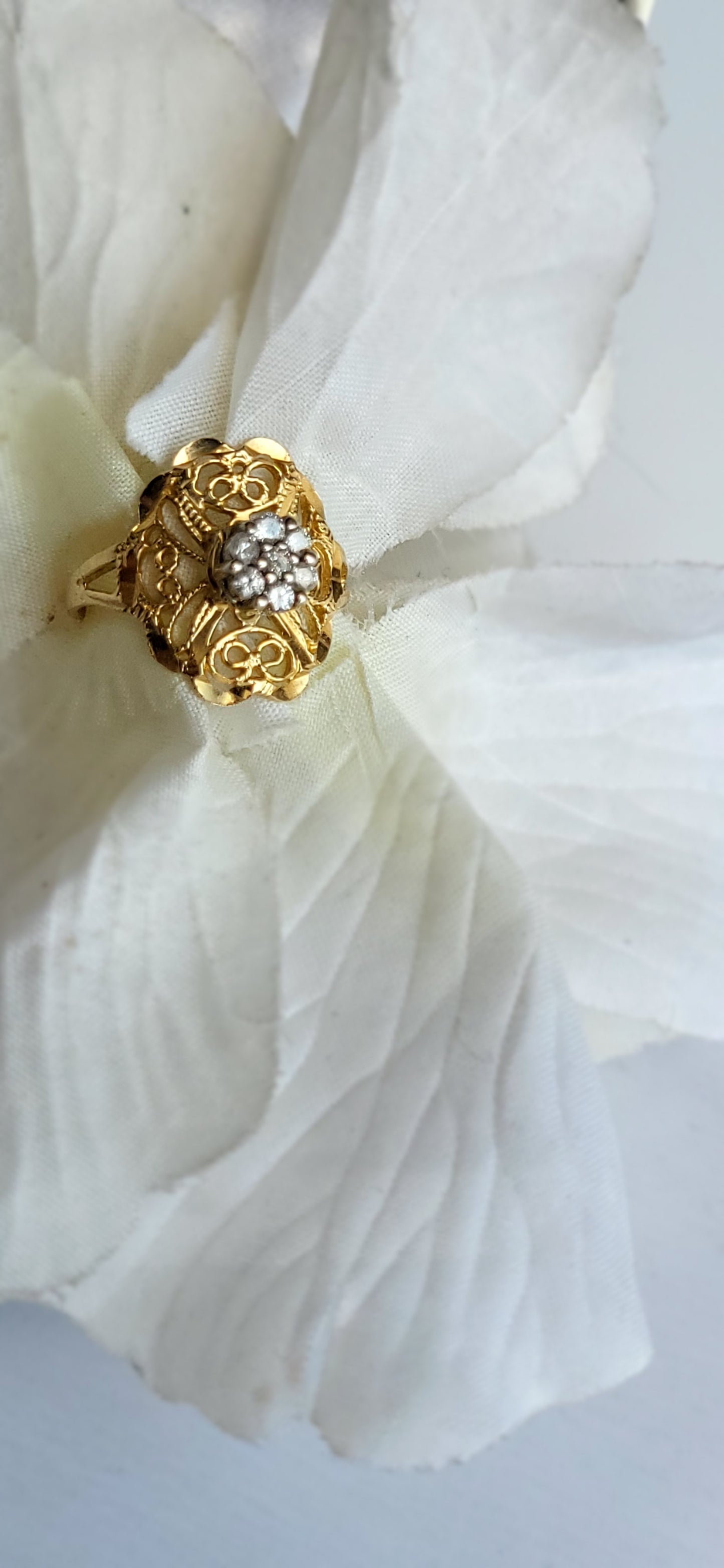14K Yellow Gold Filigree Ring with Diamond Cluster OFAKC