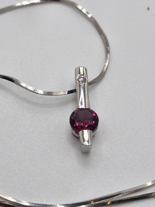 14K White Gold Necklace and Pendant with Large Natural Purple Sapphire and Diamond Accent
