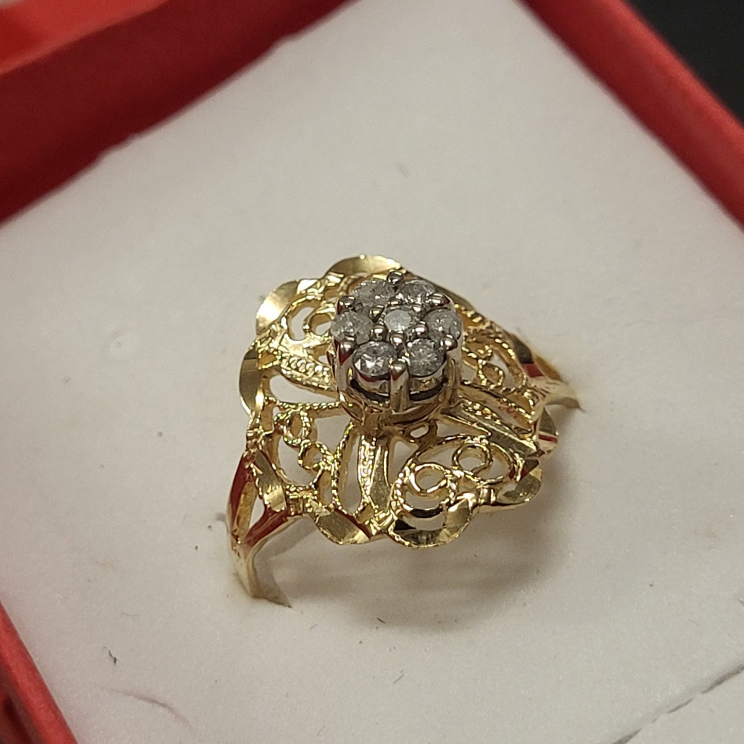 14K Yellow Gold Filigree Ring with Diamond Cluster OFAKC