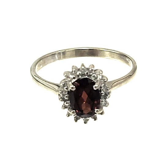 10K White Gold Ring with Garnet and Diamonds Gemstones
