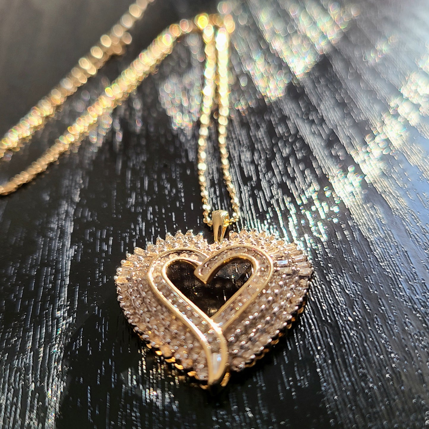 Large 10K Yellow Gold and Diamond Heart Pendant Necklace
