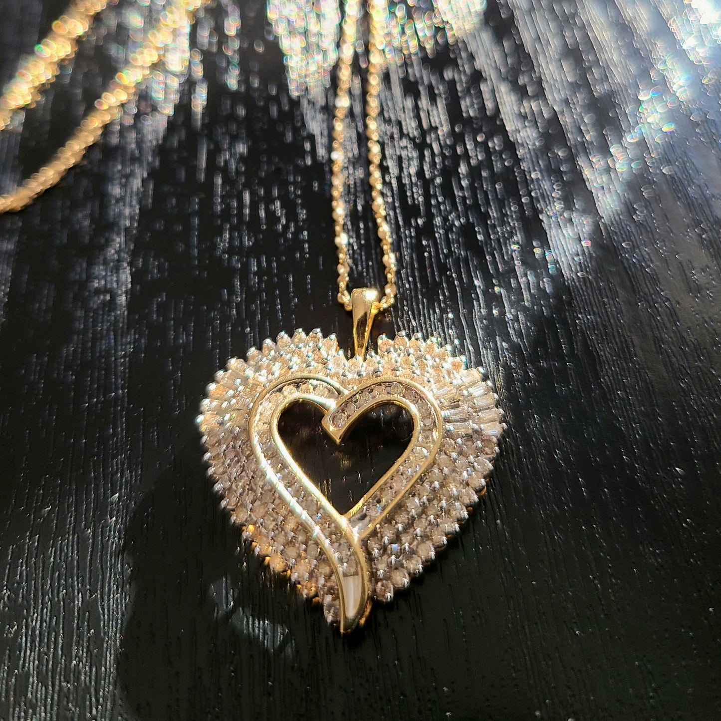 Large 10K Yellow Gold and Diamond Heart Pendant Necklace