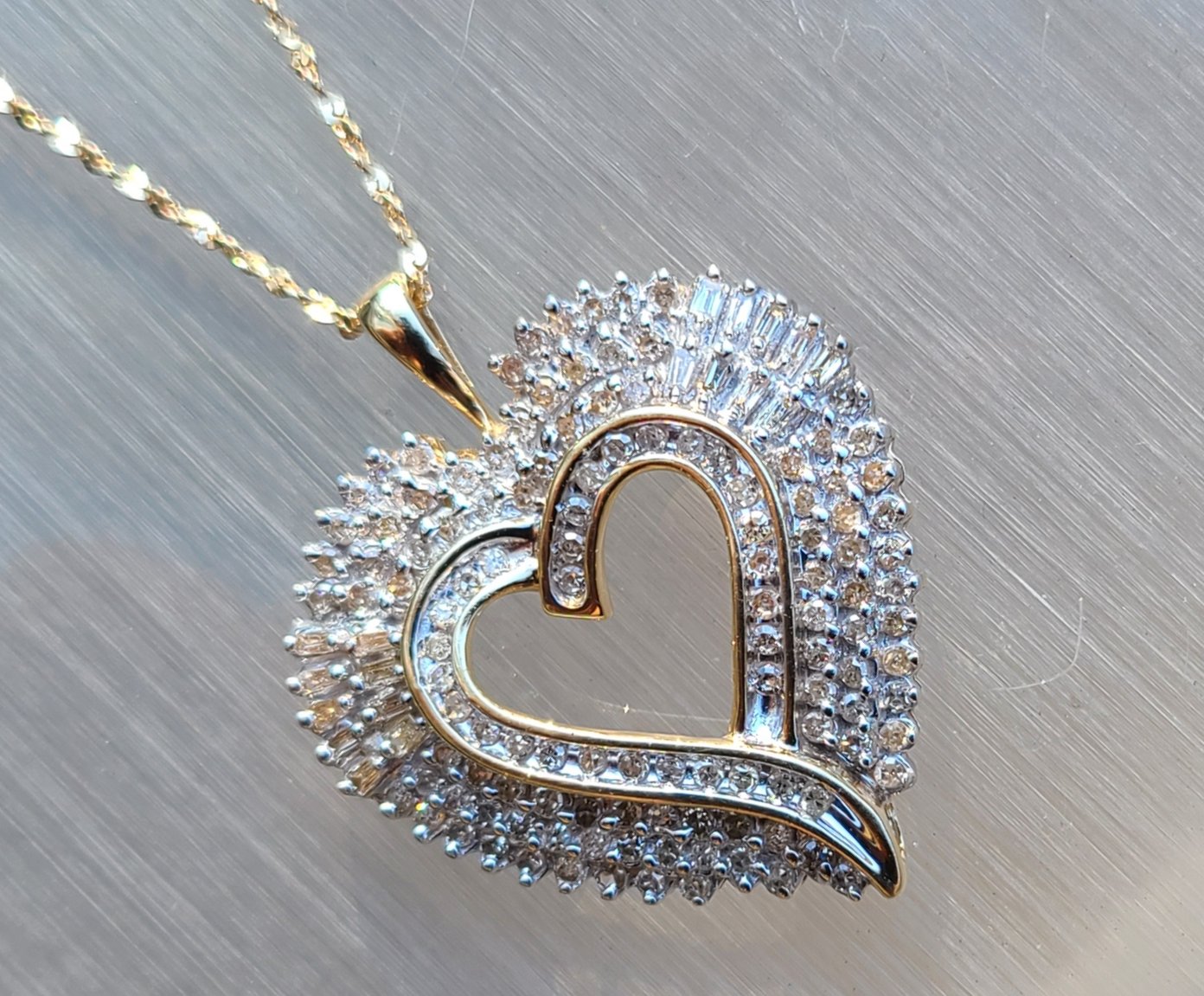 Large 10K Yellow Gold and Diamond Heart Pendant Necklace