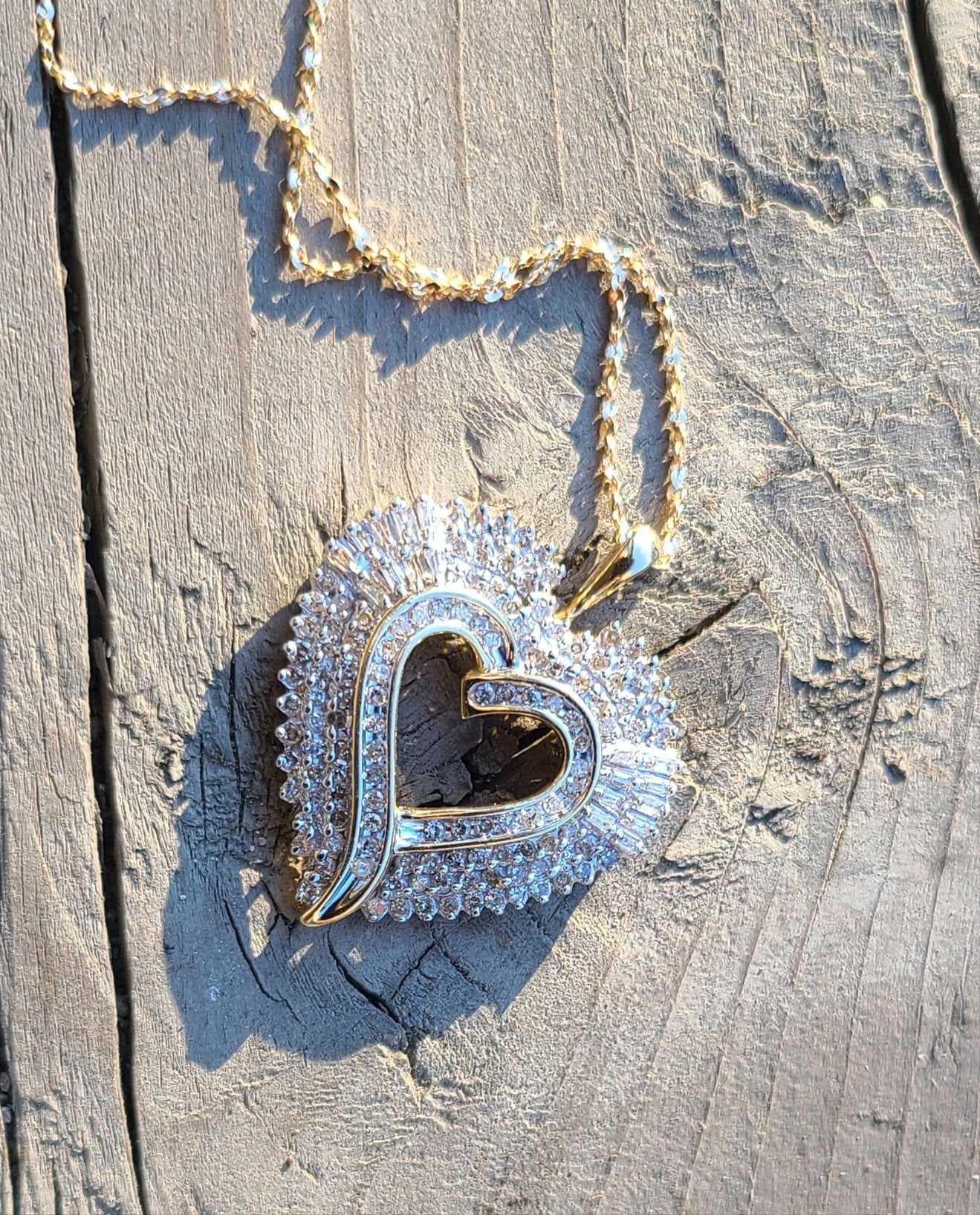 Large 10K Yellow Gold and Diamond Heart Pendant Necklace