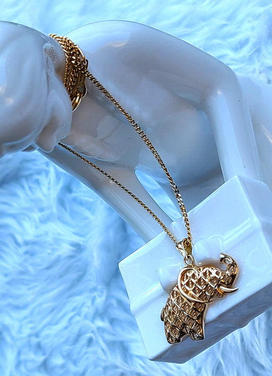 14K Yellow Gold Elephant Pendant and Necklace