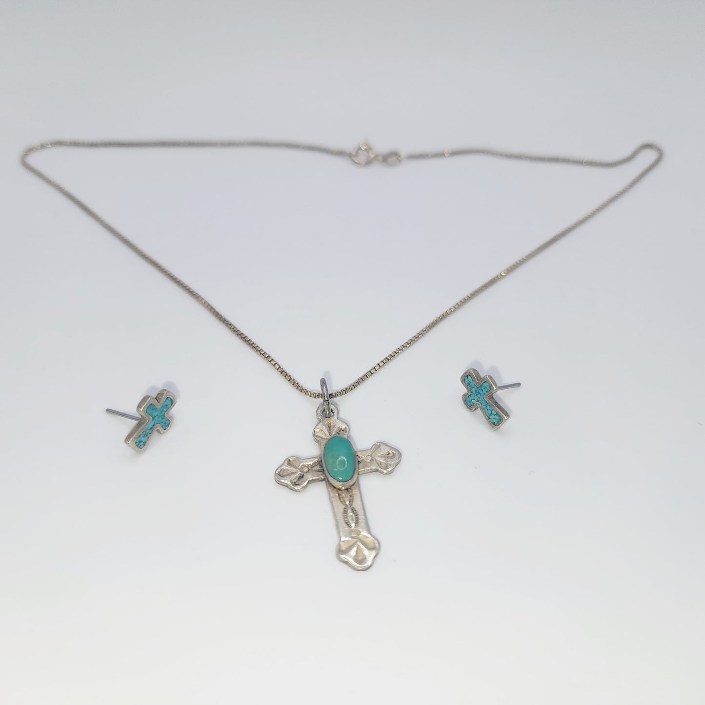 Sterling Silver Turquoise Cross Pendant Necklace and Earrings