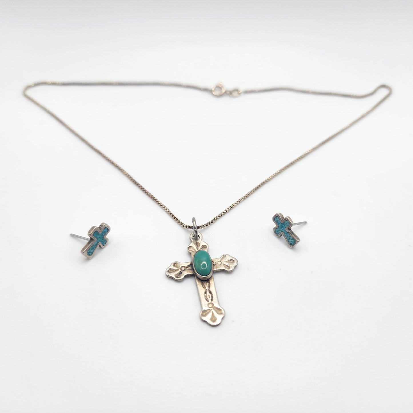 Sterling Silver Turquoise Cross Pendant Necklace and Earrings