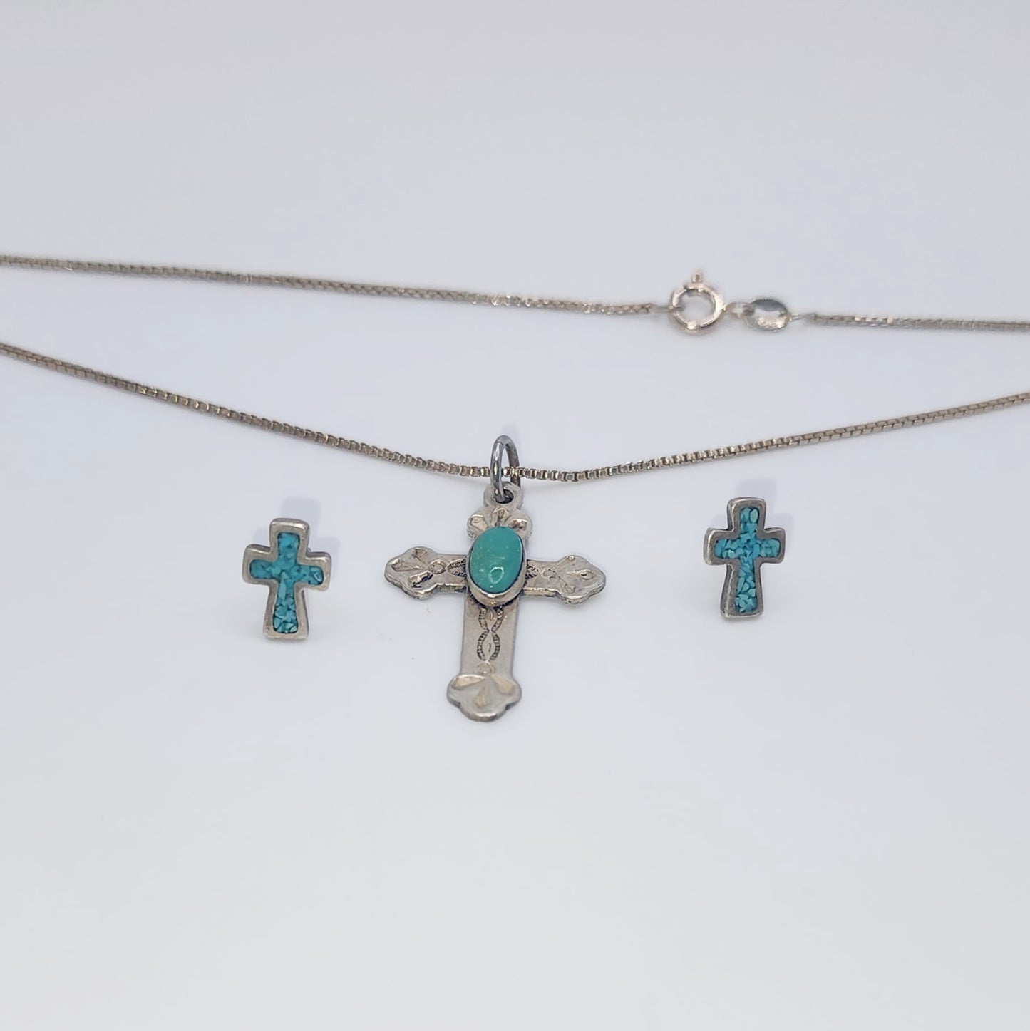 Sterling Silver Turquoise Cross Pendant Necklace and Earrings