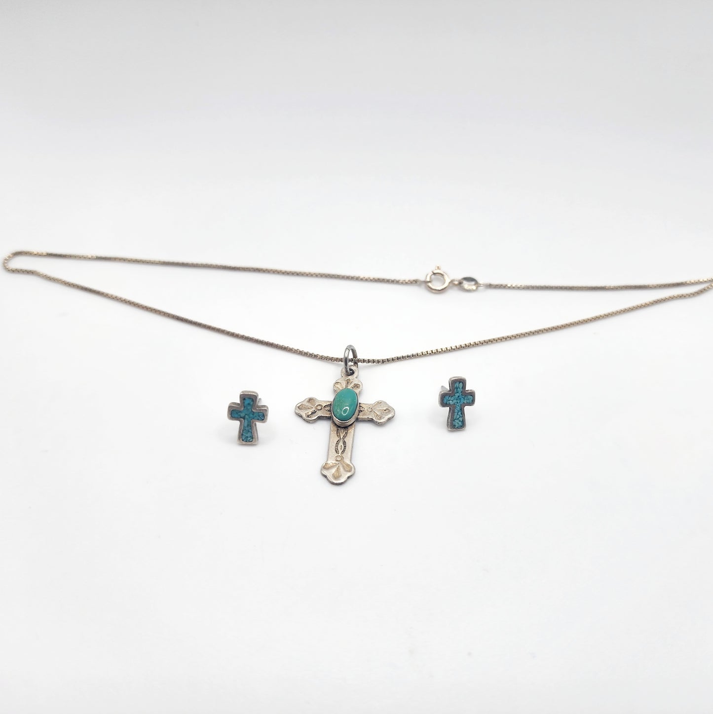 Sterling Silver Turquoise Cross Pendant Necklace and Earrings