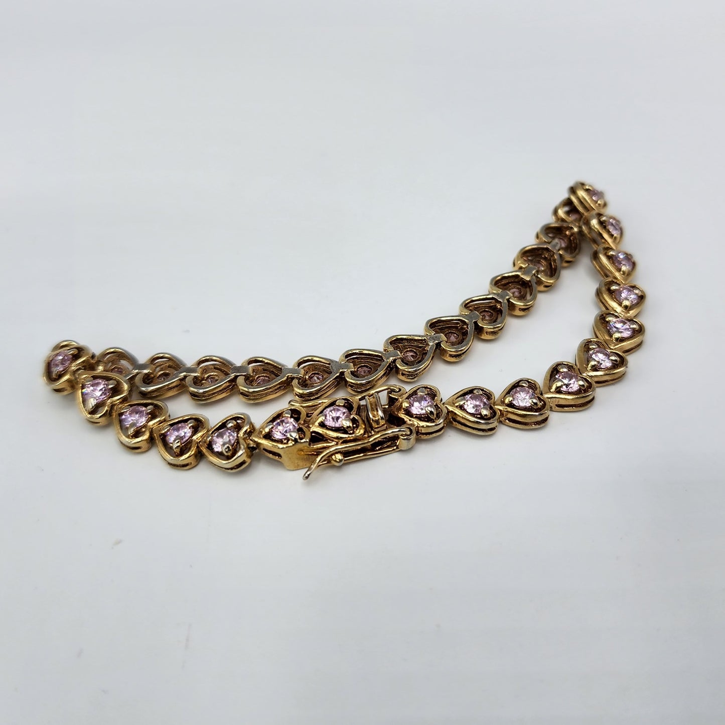 Gold over Sterling Silver Pink Crystal Heart Bracelet