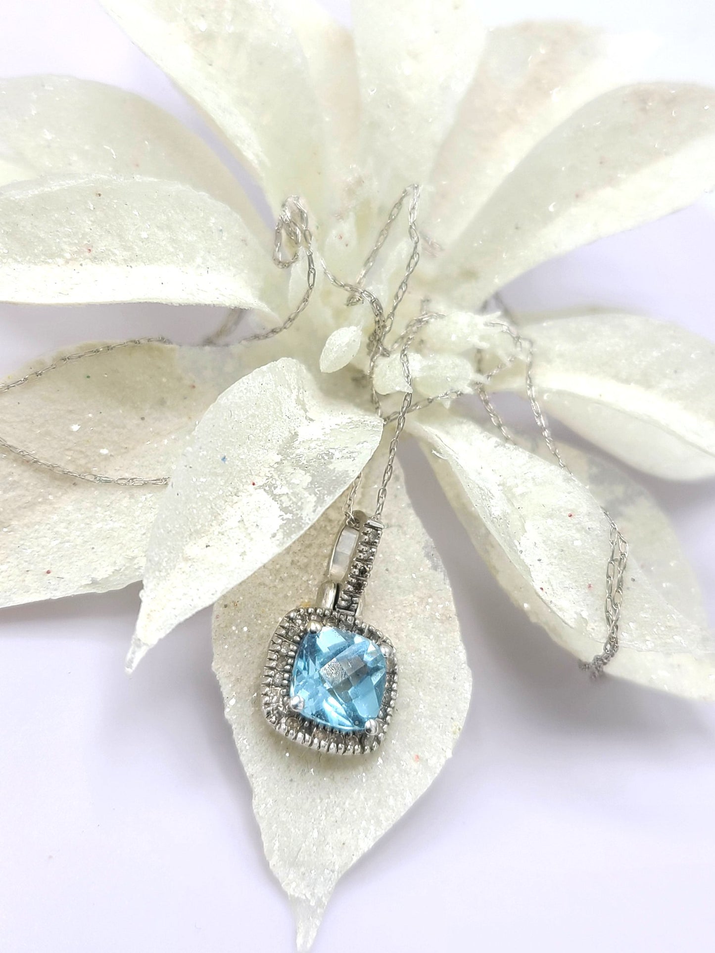 10K White Gold Diamond & Blue Topaz Pendant Necklace
