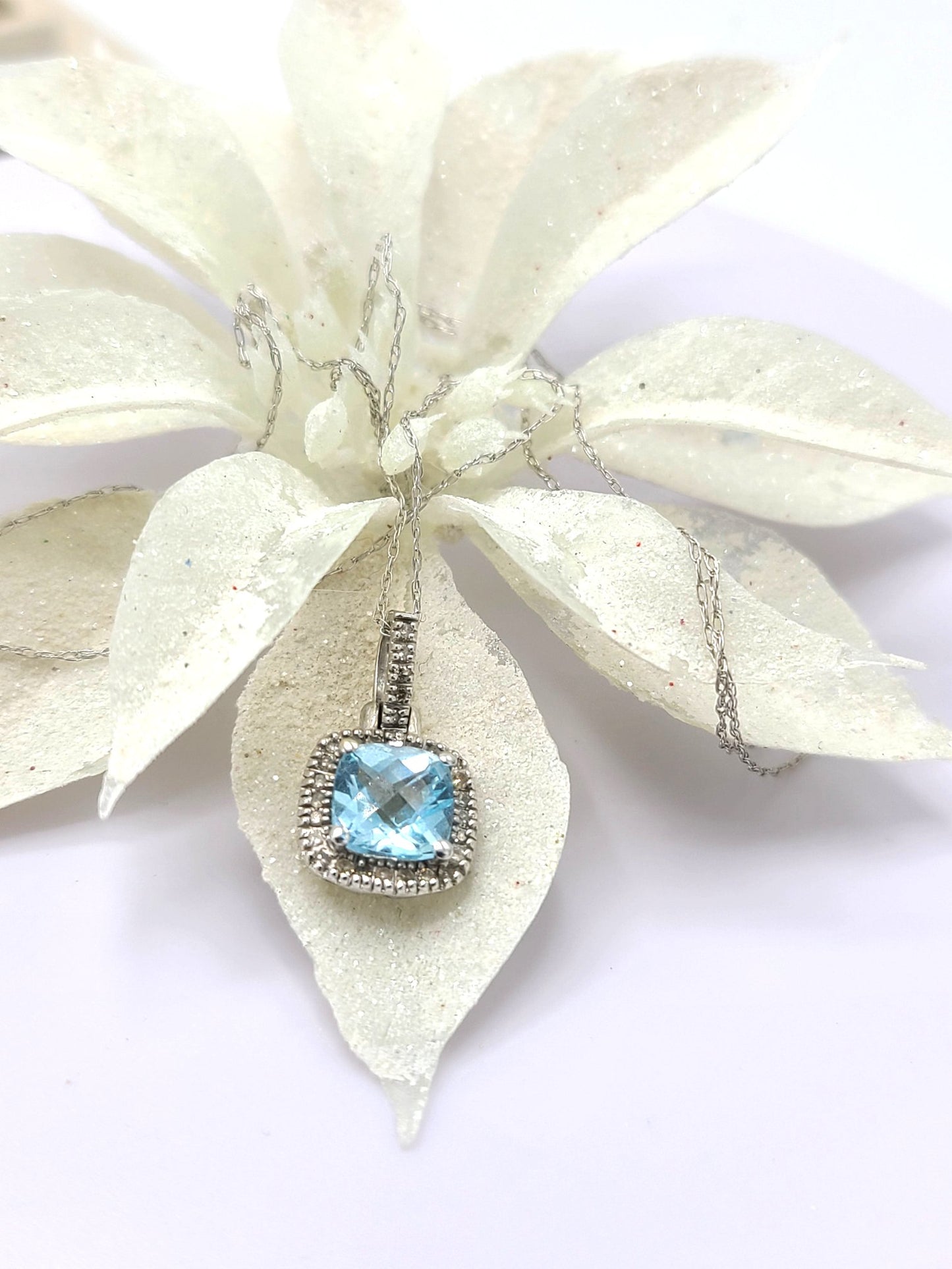 10K White Gold Diamond & Blue Topaz Pendant Necklace