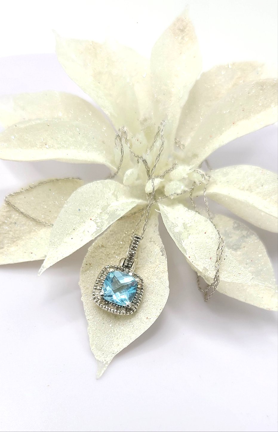 10K White Gold Diamond & Blue Topaz Pendant Necklace