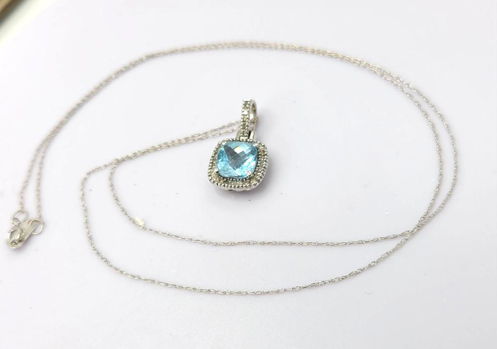 10K White Gold Diamond & Blue Topaz Pendant Necklace