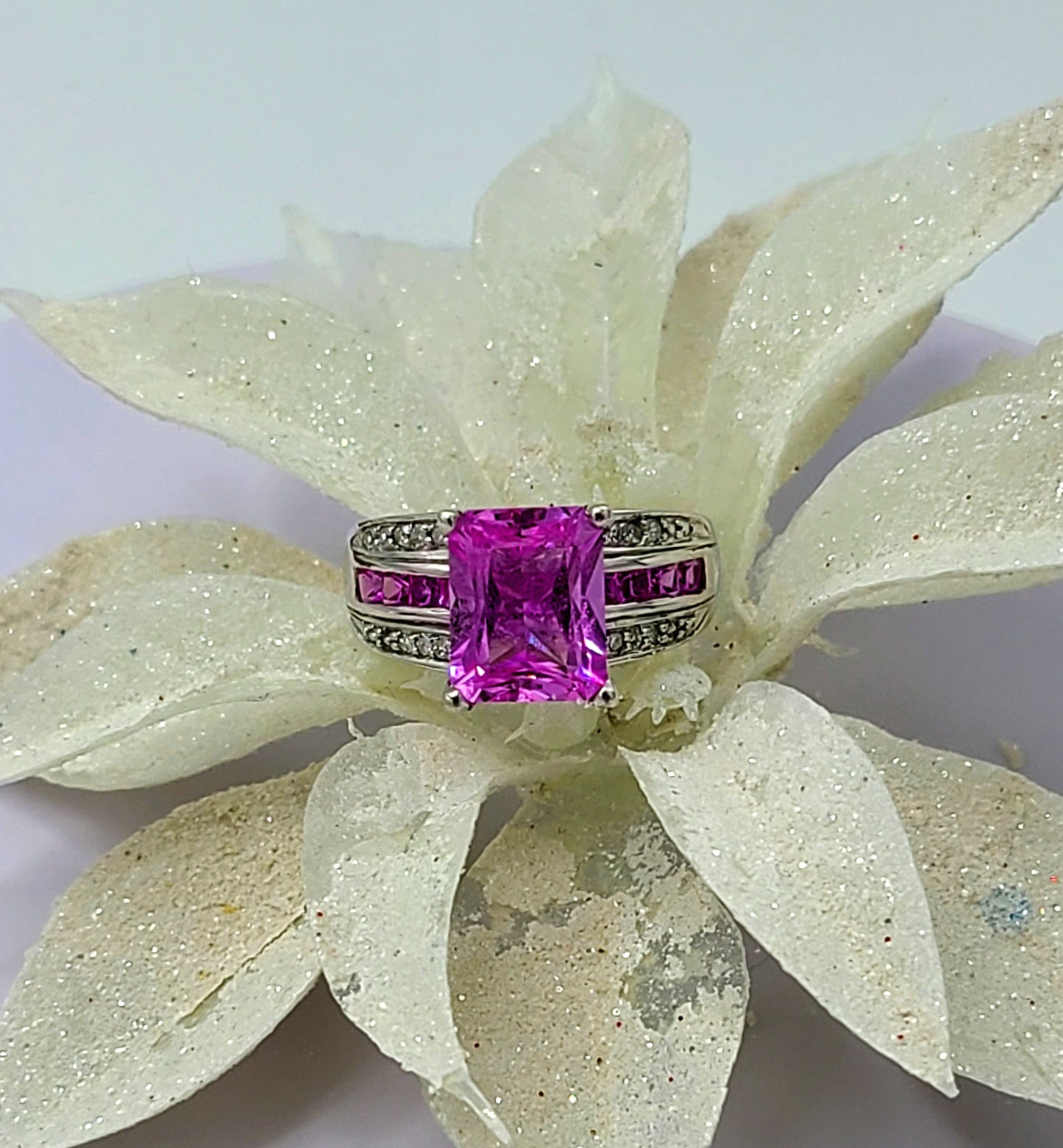 10K White Gold with Pink Sapphire and Diamond Accent Ring
