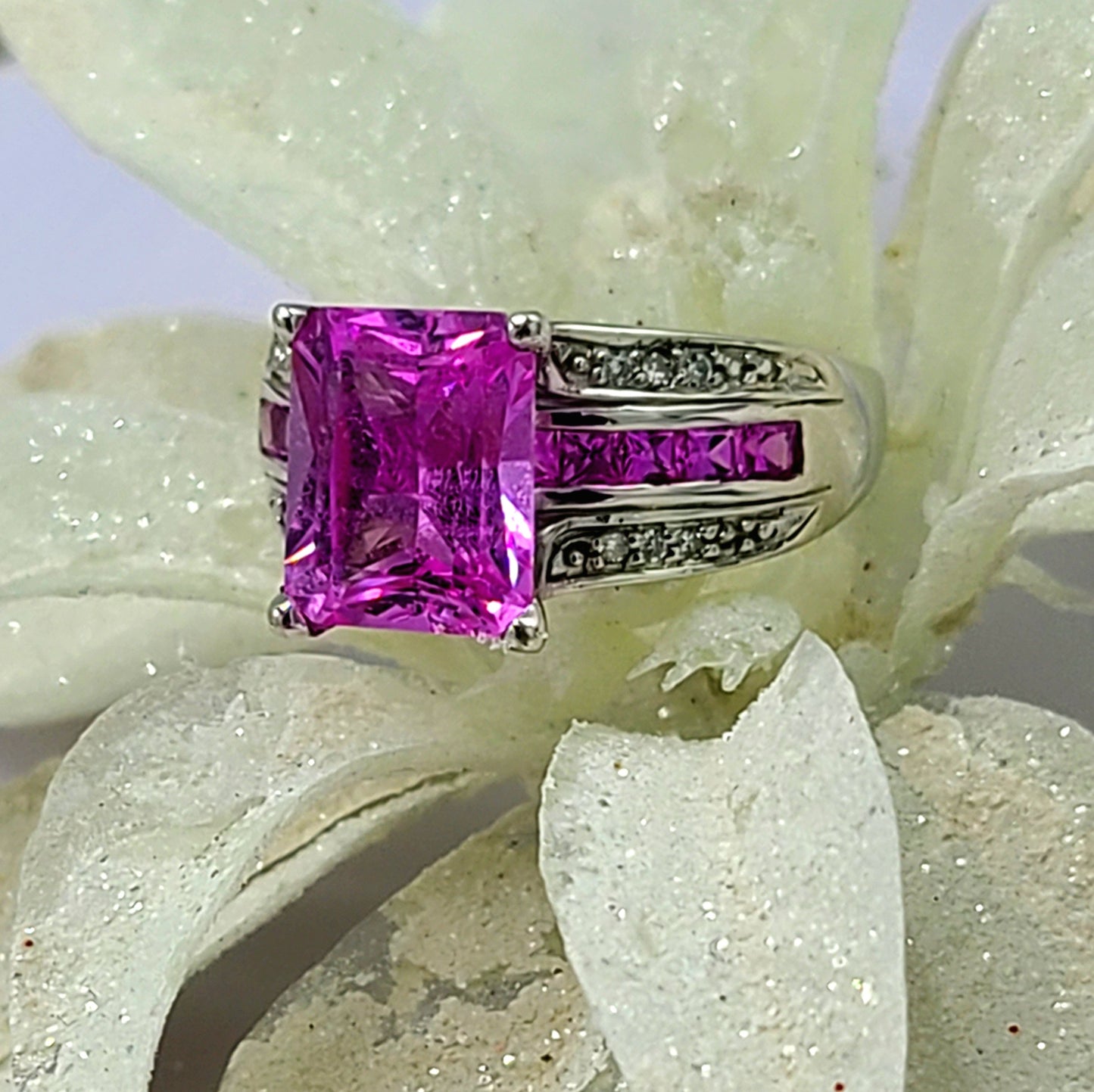 10K White Gold with Pink Sapphire and Diamond Accent Ring