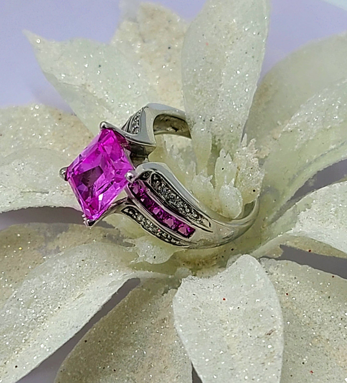 10K White Gold with Pink Sapphire and Diamond Accent Ring