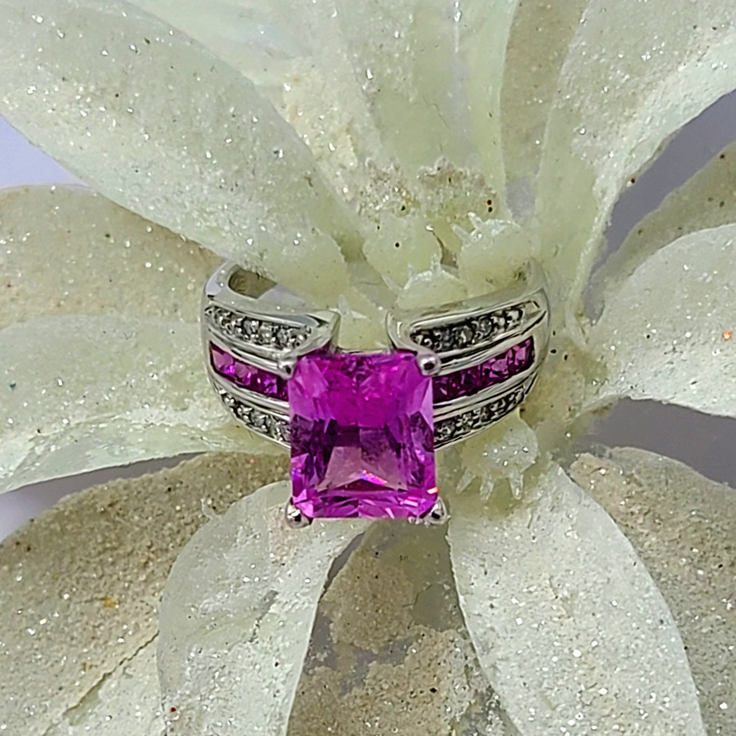 10K White Gold with Pink Sapphire and Diamond Accent Ring