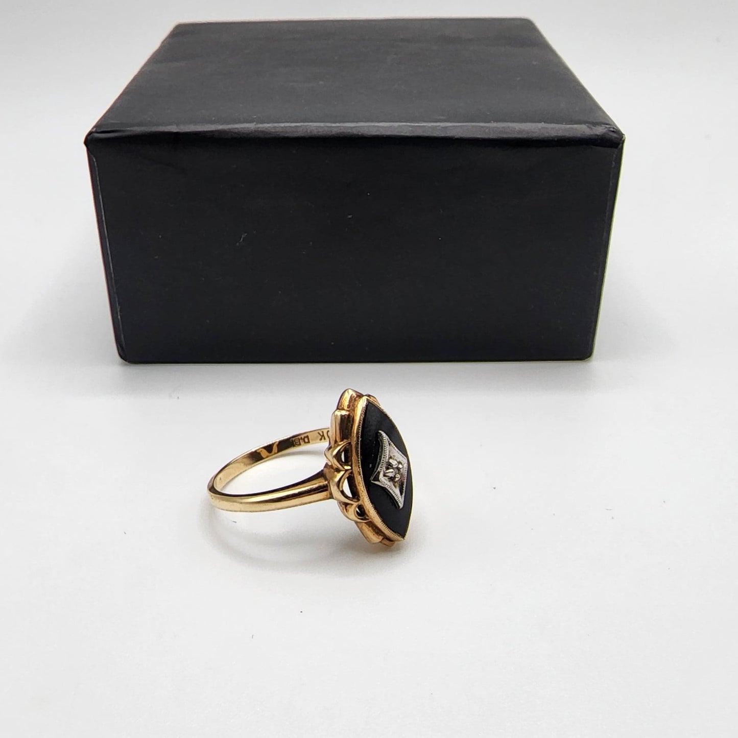 10K Yellow Gold Marquis Cut Onyx & Diamond Accent Ring