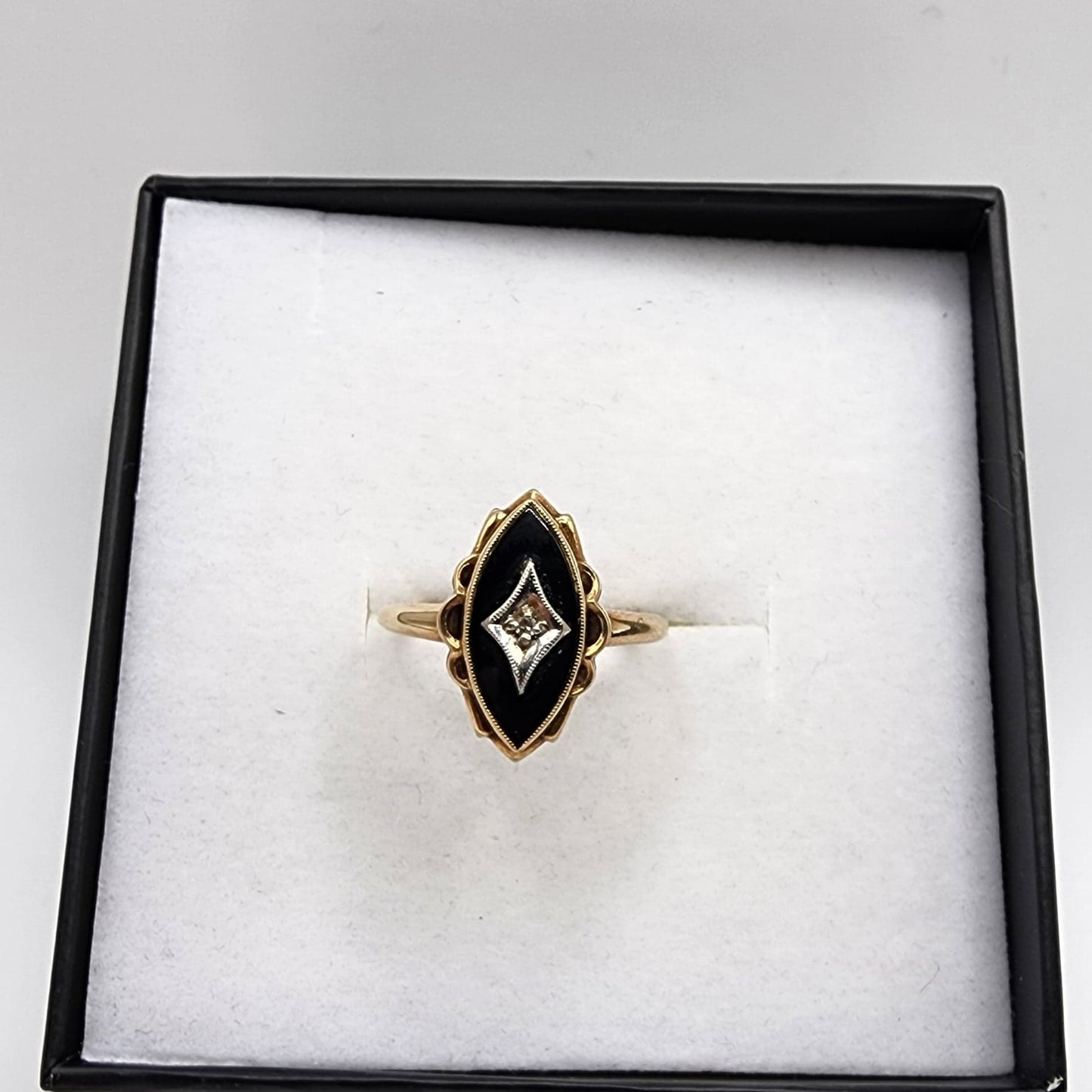 10K Yellow Gold Marquis Cut Onyx & Diamond Accent Ring