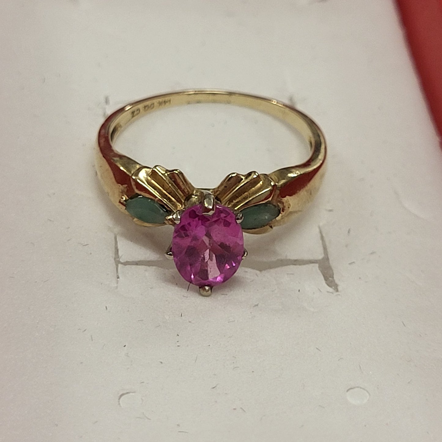 14K Yellow Gold Ring with Pink Sapphire and Emerald Gemstones OFAKC