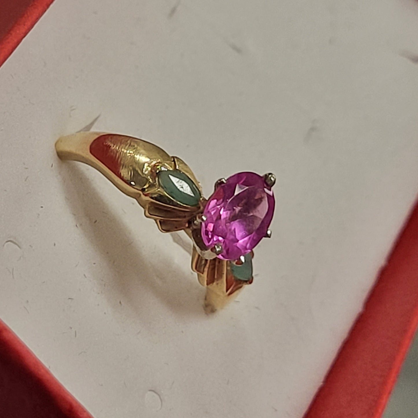 14K Yellow Gold Ring with Pink Sapphire and Emerald Gemstones OFAKC