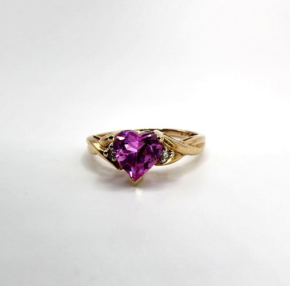 10K Yellow Gold Ring with Heart Shaped Pink Sapphire Gemstone & Diamond Accents