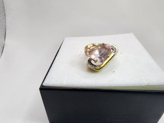 14k Yellow Gold Pink Quartz Diamond Accent Ring