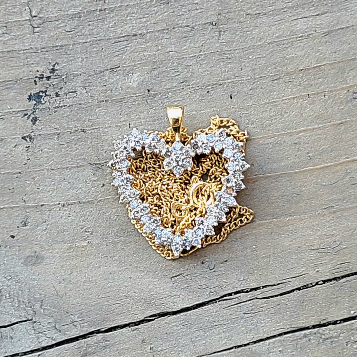 Large 10K Yellow Gold and Round Diamond Heart Pendant Necklace