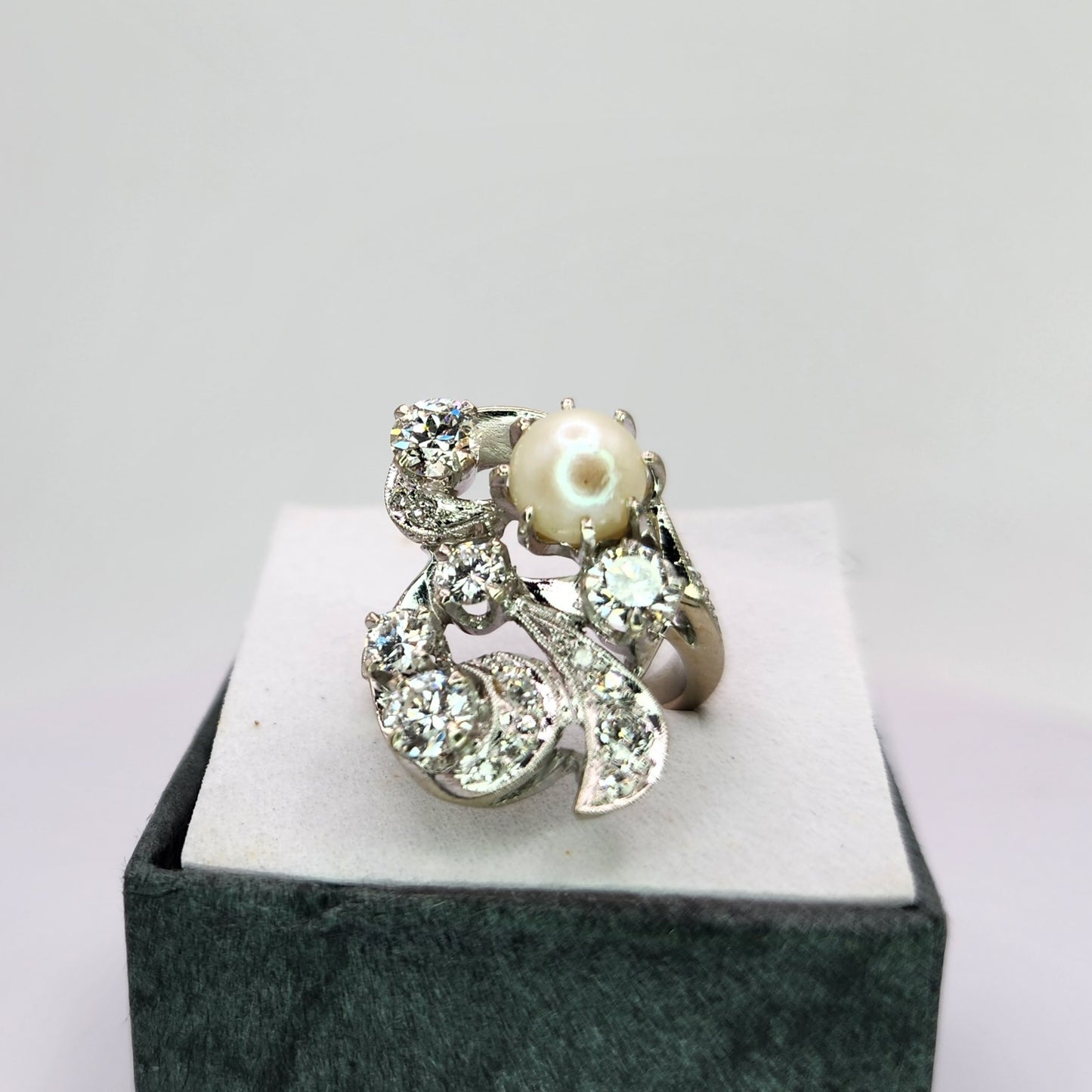 Elegant 14k White Gold Pearl and 1.45ct Diamond Weight Ring