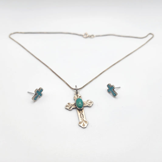 Sterling Silver Turquoise Cross Pendant Necklace and Earrings