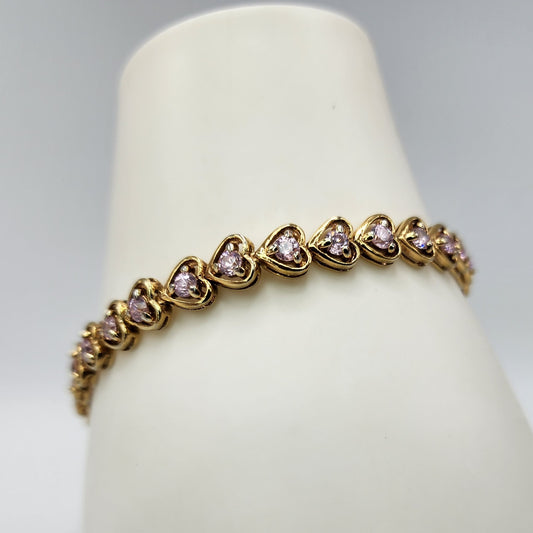 Gold over Sterling Silver Pink Crystal Heart Bracelet