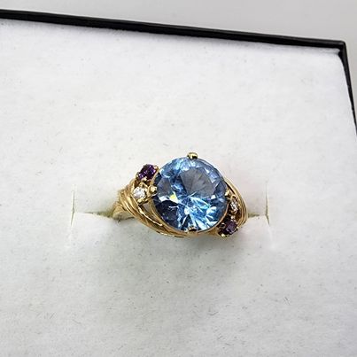 10K Yellow Gold Large Blue Topaz & Diamond Amethyst accents OFAKC Ring