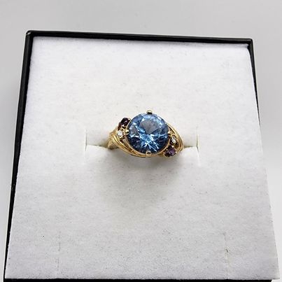 10K Yellow Gold Large Blue Topaz & Diamond Amethyst accents OFAKC Ring